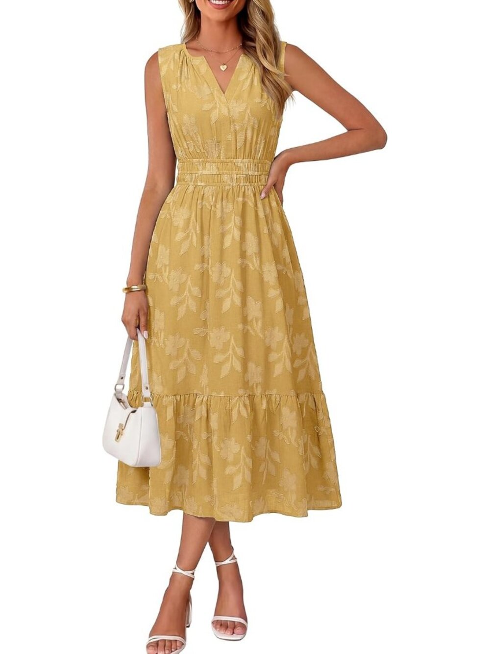 Women's Yellow Sleeveless V Neck A LINE Floral Casual Imported Maxi Dress